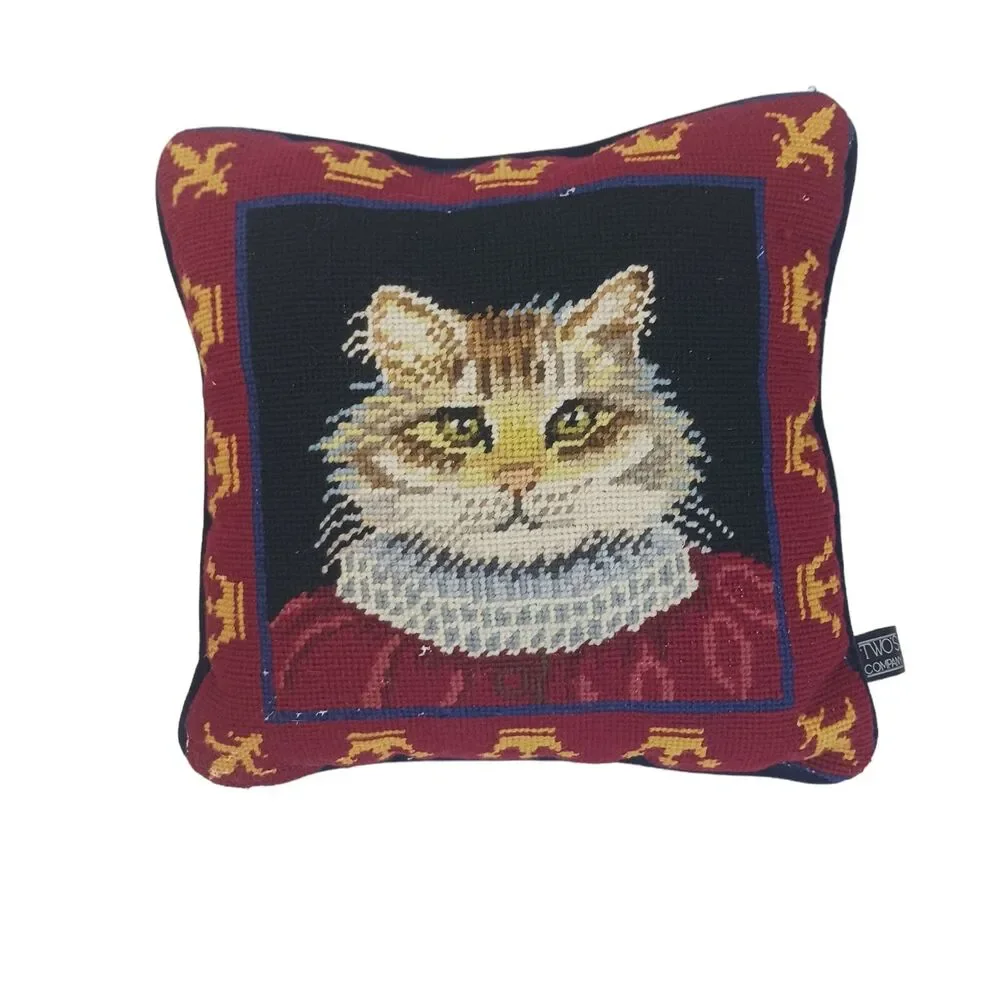 Twos Company Needlepoint Pillow Luxe Cat Royal Decorative Navy Red Wool & Velvet